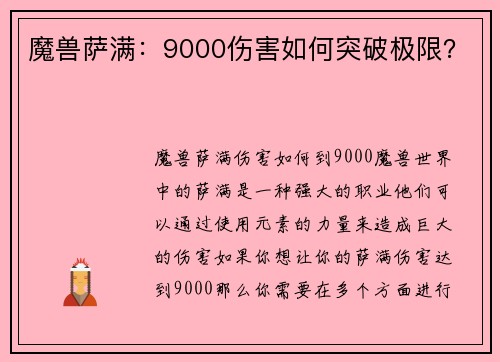 魔兽萨满：9000伤害如何突破极限？
